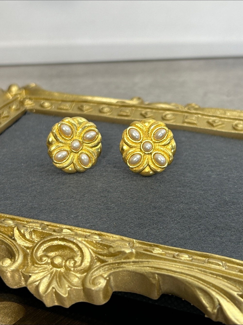 Liz Claiborne Vintage Gold Faux Pearl Floral Button Earrings - Women Jewelry